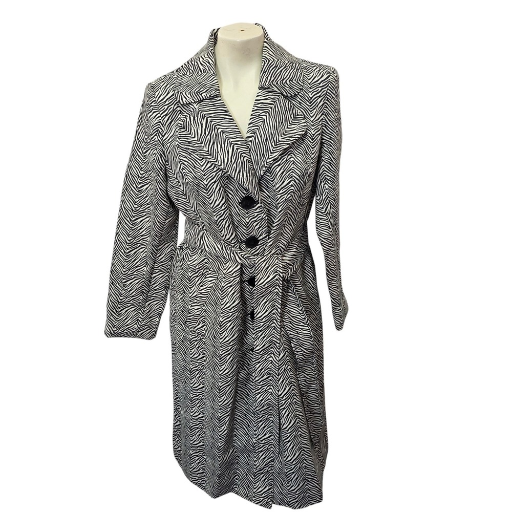 Cabi Womens M Zebra Print Trench Coat Black White Belted Ruffle Animal Jacket